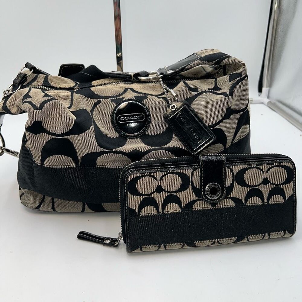 Coach Signature Black Stripe Hobo Bag and Long Wallet Set with branded dustbag *